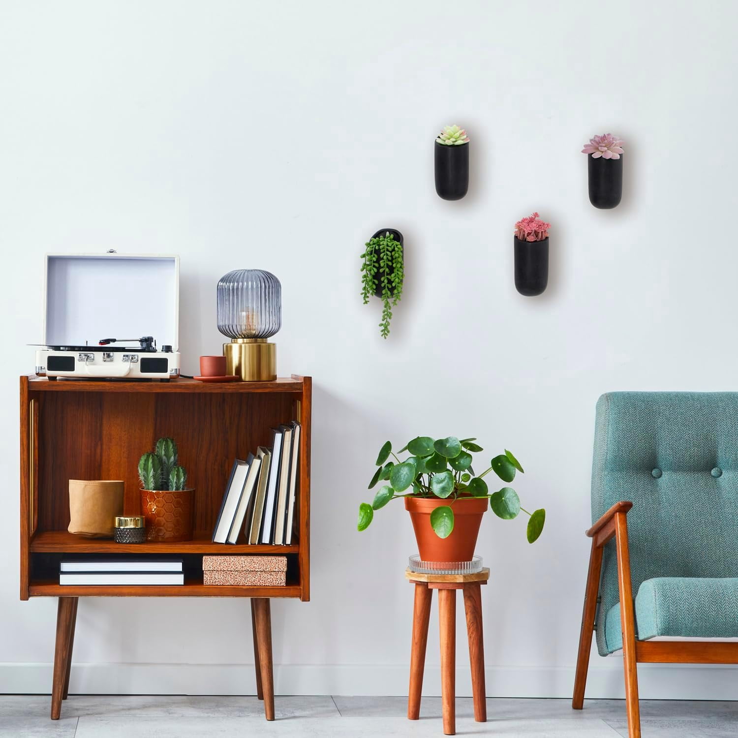 Set of 4 Mini Matte Black Ceramic Indoor Wall Planter, 6 Inch Cylindrical Wall Mounted Hanging Planter Pot for Succulents, Herbs, String of Pearls
