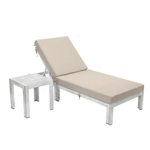 LeisureMod Chelsea Modern Outdoor White Chaise Lounge Chair With Side Table & Cushions-Color:White,Material:Aluminum
