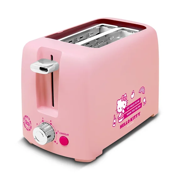 SANRIO Tostador de Pan 2 Rebanadas, HK-T2, 6 Niveles, 750 W, Imprime Carita Hello Kitty en el Pan, Autocentrado, Rosa.