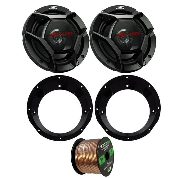 98-13 Motorcycle Speaker Bundle: 2x of JVC 6.75" Inch 300 Watts 2-Way dvrn DR-Series Black Car Stereo Shallow-Mount Coaxial Speakers   Speaker Mounting Rings For Motorcycles   50 Ft 16G Speaker Wire
