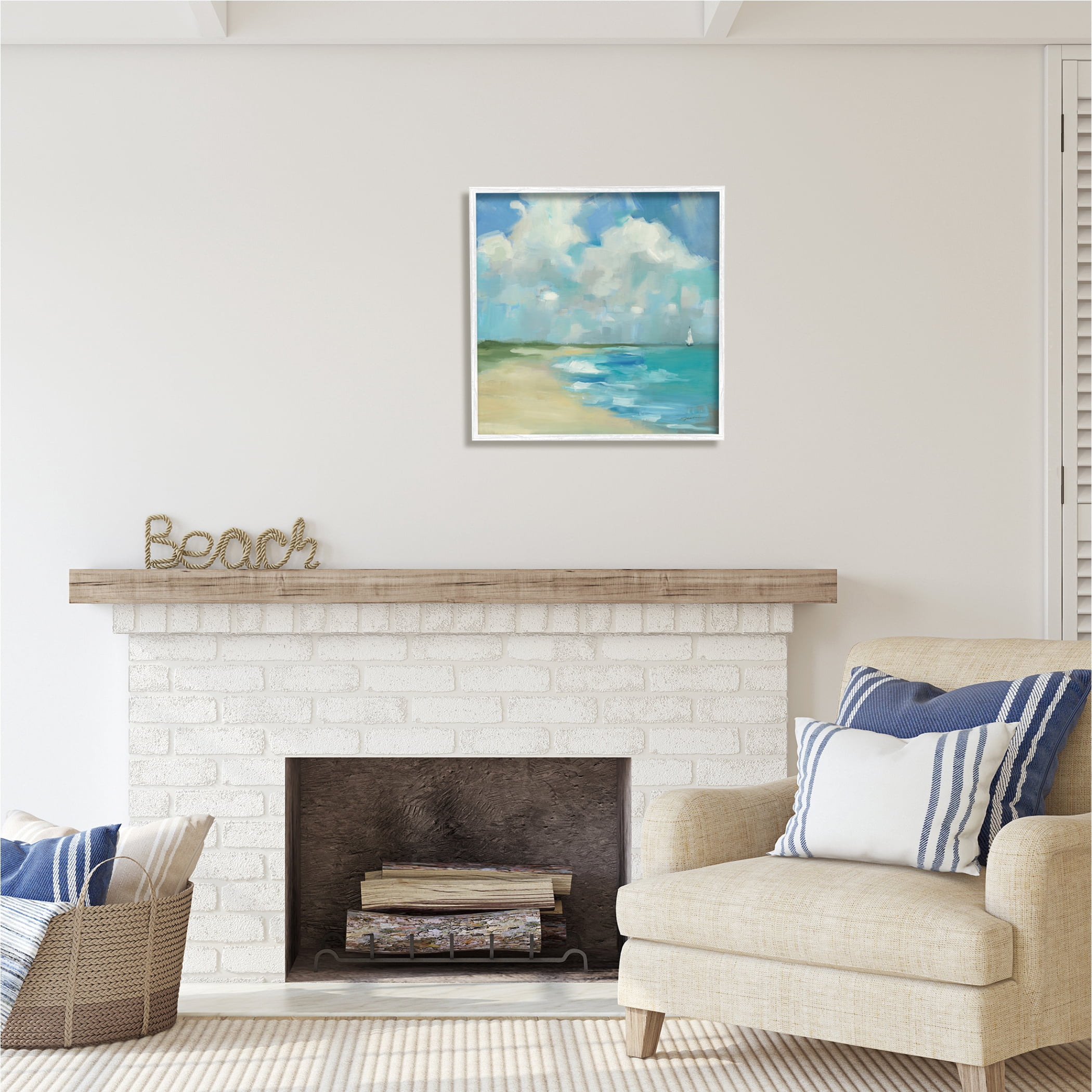 Stupell Industries Cloudy Beach Scenery Nature Painting White Framed Art Print Wall Art, 24 x 24