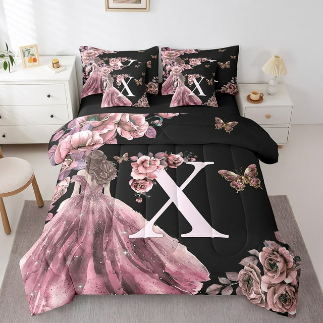 Erosebridal Ensemble de Literie Initiale Lettre X Format Grand Lit, Literie Fleur de Rose Format Grand Lit, Ensemble de Lit Réversible Robe de Princesse à Paillettes, Microfibre Décor de Chambre, 7 Pcs
