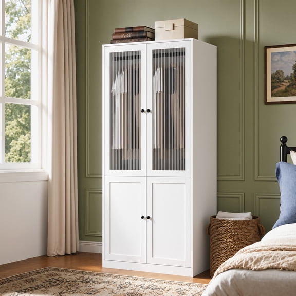 RichYa Armoire Wardrobe Closet with Glass Doors,Clothes Storage Cabinet with Hanging Rod,Closet Organizer for Bedroom,White(C)