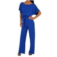 thumbnail image 2 of WXLWZYWL Womens Sparkly Jumpsuits Dressy Clubwear One Piece Short Sleeve Round Neck Wide Leg Pant Summer Casual Solid Jumpsuits Rompers Overalls Party Club Pants With Belt, 2 of 5