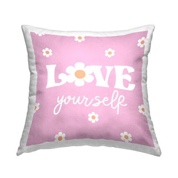 Stupell Industries Love Yourself Pink Daisies Phrase Square Decorative Printed Throw Pillow, 18 x 18,