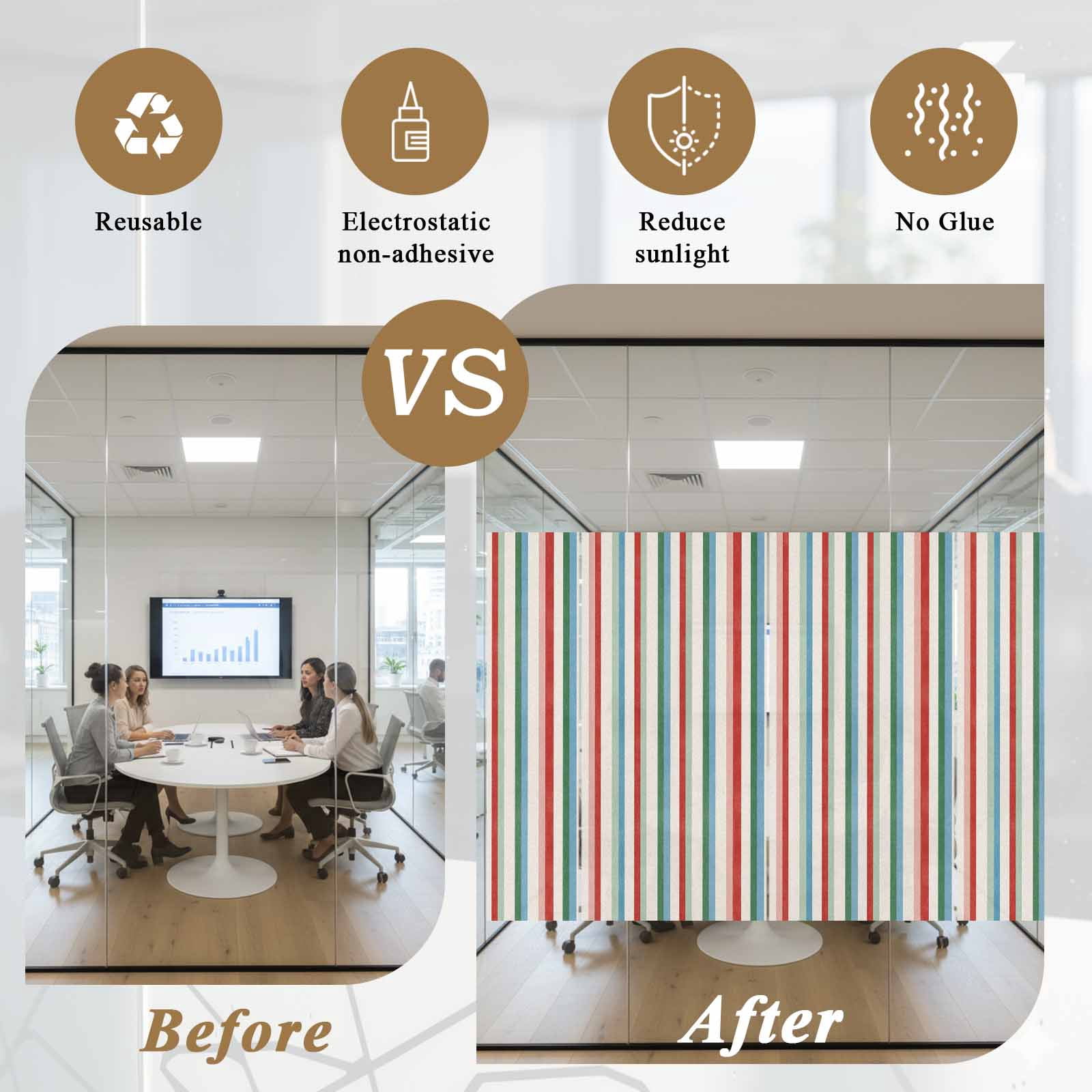 Modern Simple Window Privacy Film, Colorful Stripes Abstract Artistic Watercolor Geometric Frosted Glass Window Clings Static Cling UV Heat Blocking Reusable Door Sticker for Bathroom 23.6 x 59 Inch