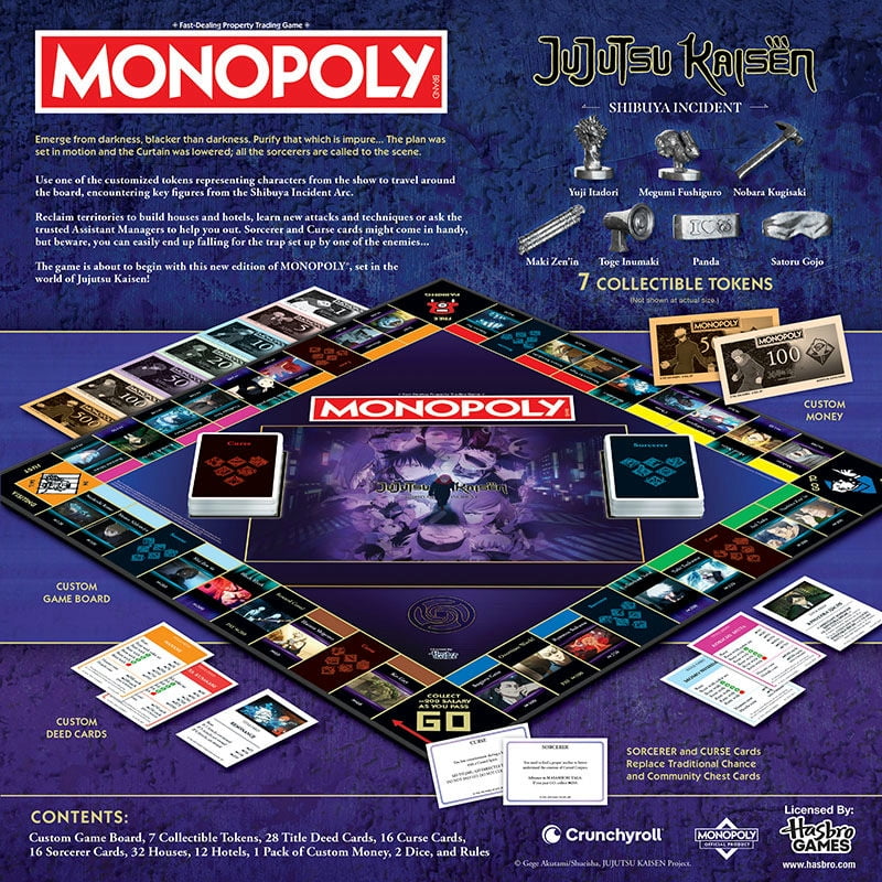 MONOPOLY: Jujutsu Kaisen Edition Board Game, Buy Sell Trade Locations from the Shibuya Incident Arc, Featuring 6 Custom Tokens: Yuji Itadori, Panda, Satoru Gojo & More