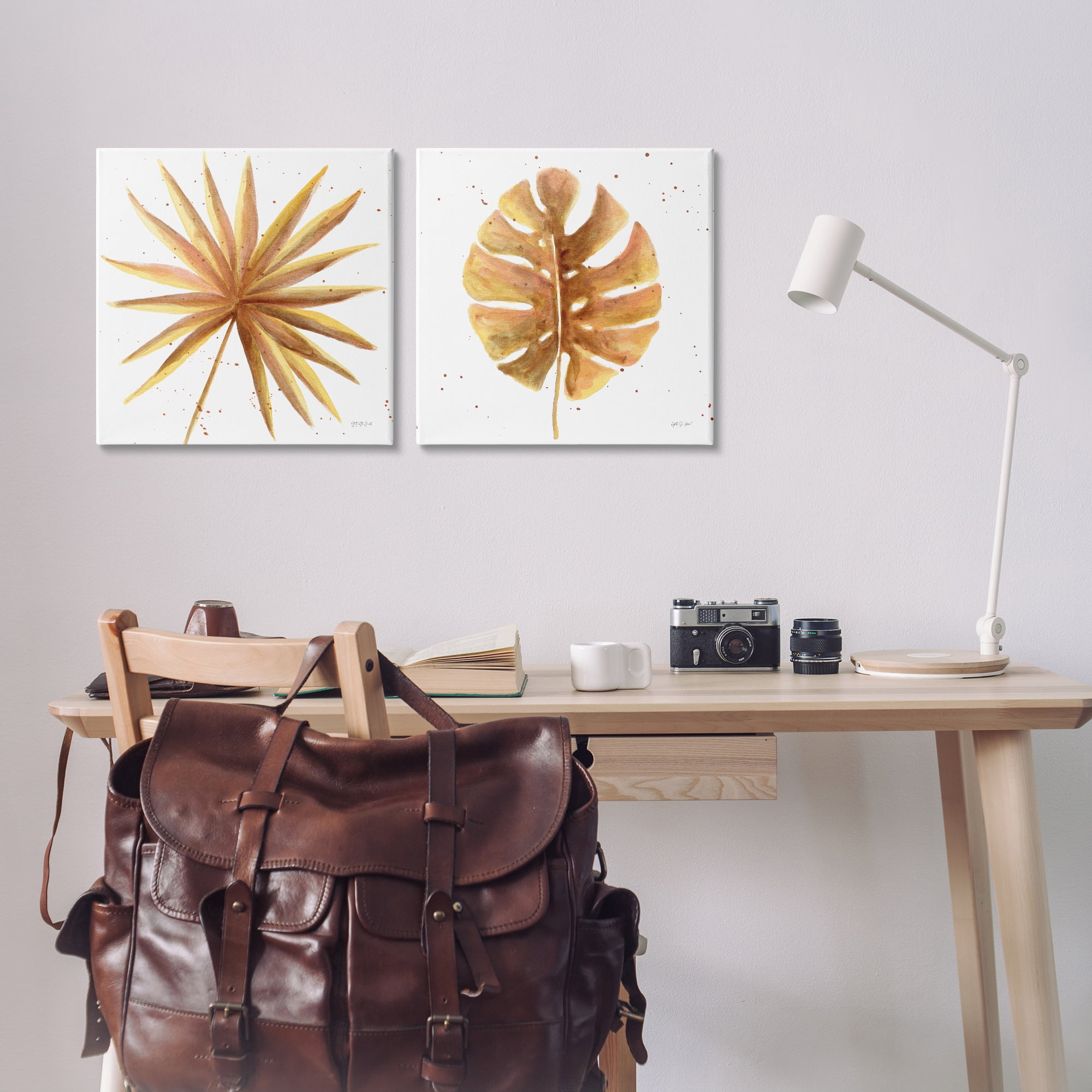 Stupell Industries Golden Palm Monstera Leaves Plants & Flowers Painting Wrapped Canvas Art Print Wall Art, 17 x 17, Set of 2