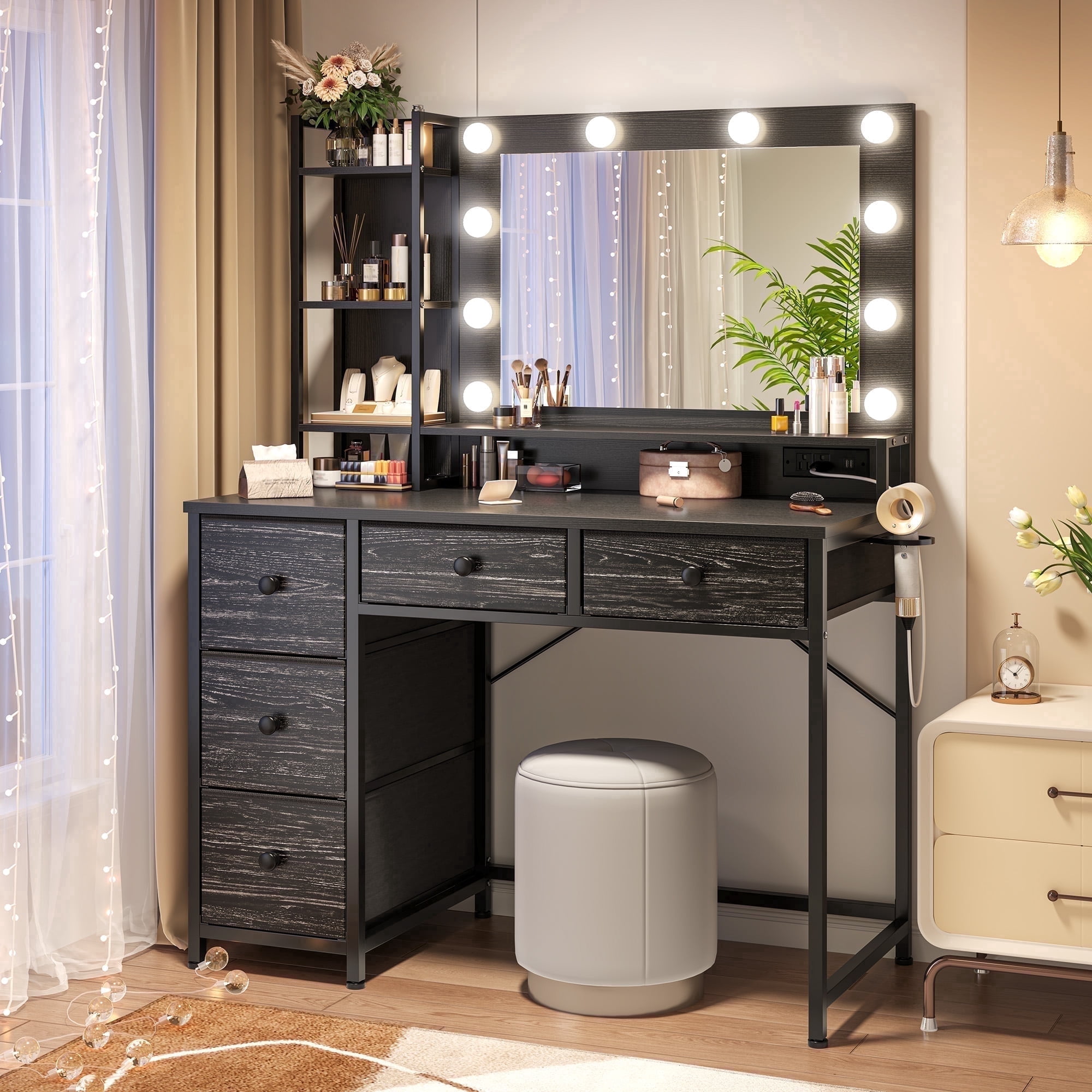 EnHomee Vanity Desk with Mirror and Lights Makeup Vanity Table with 5 Fabric Drawers & Hair Dryer Rack& Charge Port Dressing Table for Girl,Black