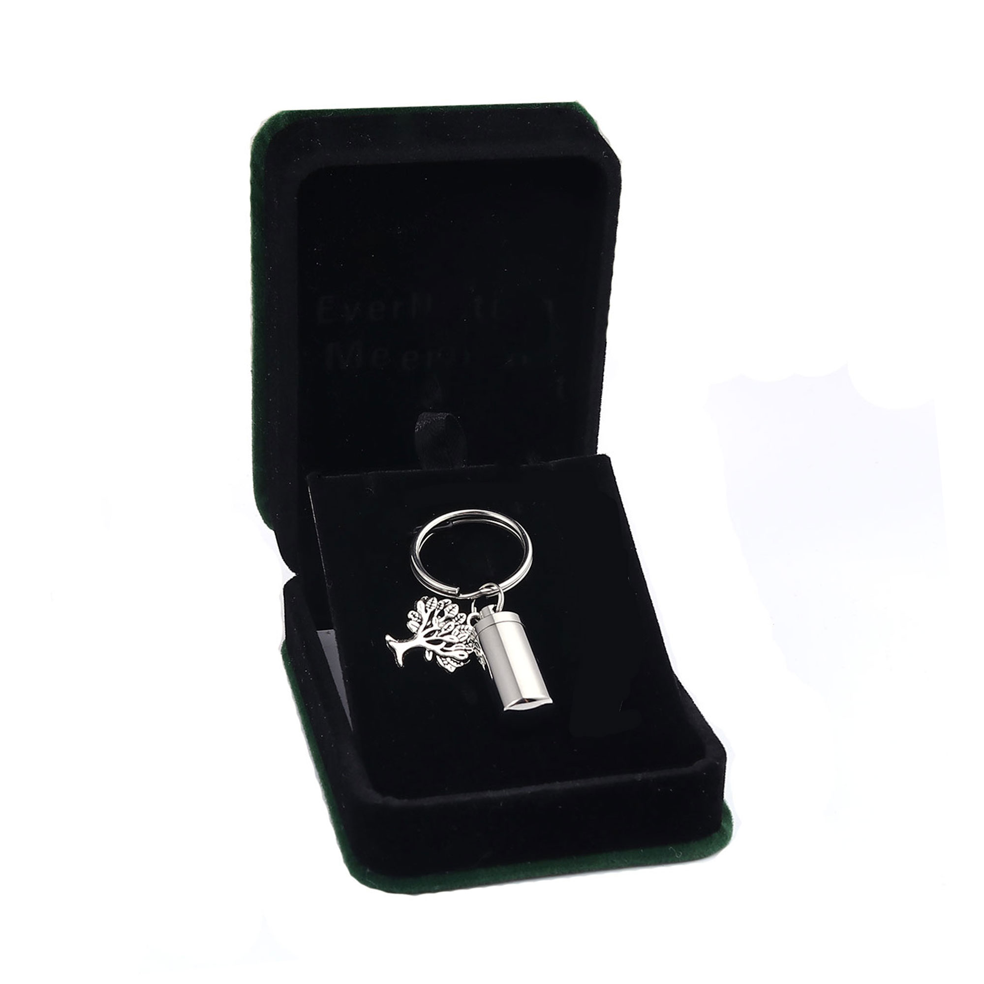 Silver Stainless Steel Cylinder Tree of Life Charm Cremation Urn Ashes Holder Container Pendant Memorial Keychain Keepsake Jewelry Key Ring with Free Funnel Kit and Velvet Jewelry Box