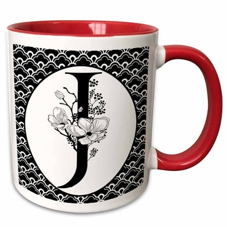 

3dRose Black and White Floral Monogram J On Fancy Scallops - Two Tone Red Mug 11oz (mug_318035_5)