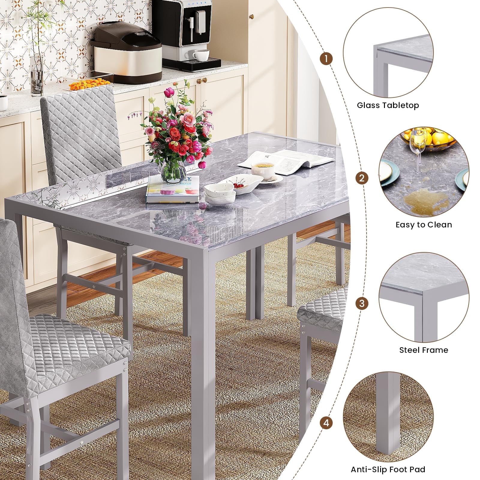 Baxluxe Dining Set for 4, Modern 5-Piece Dining Table Set, Metal Glass Dining Table and 4 PU Leather Upholstered Chairs for Apartments, Dining Rooms, Small Spaces, Gray