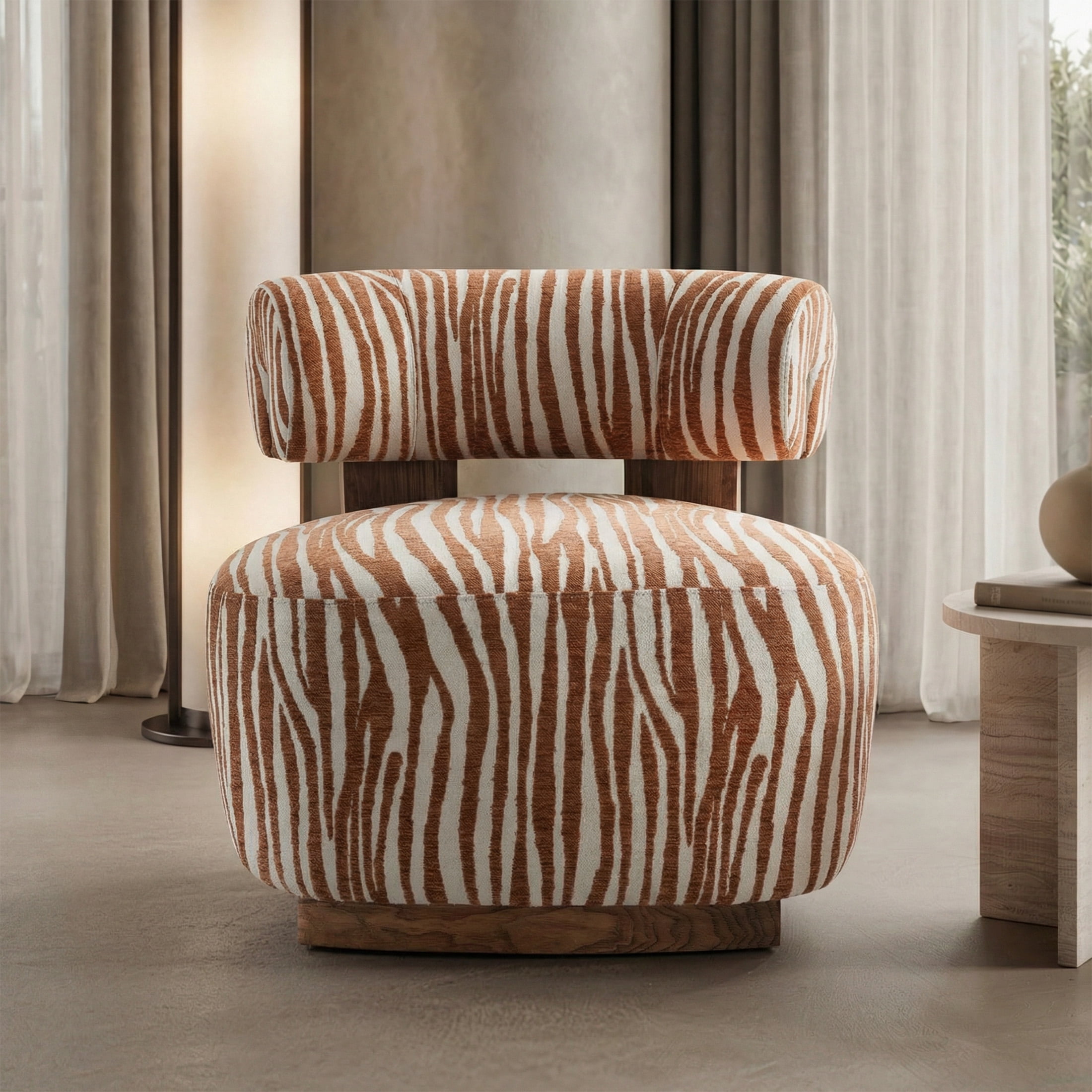 Aukfa Modern Chenille Accent Chair with Zebra-Stripe, Cylindrical Backrest for Living Room, Orange