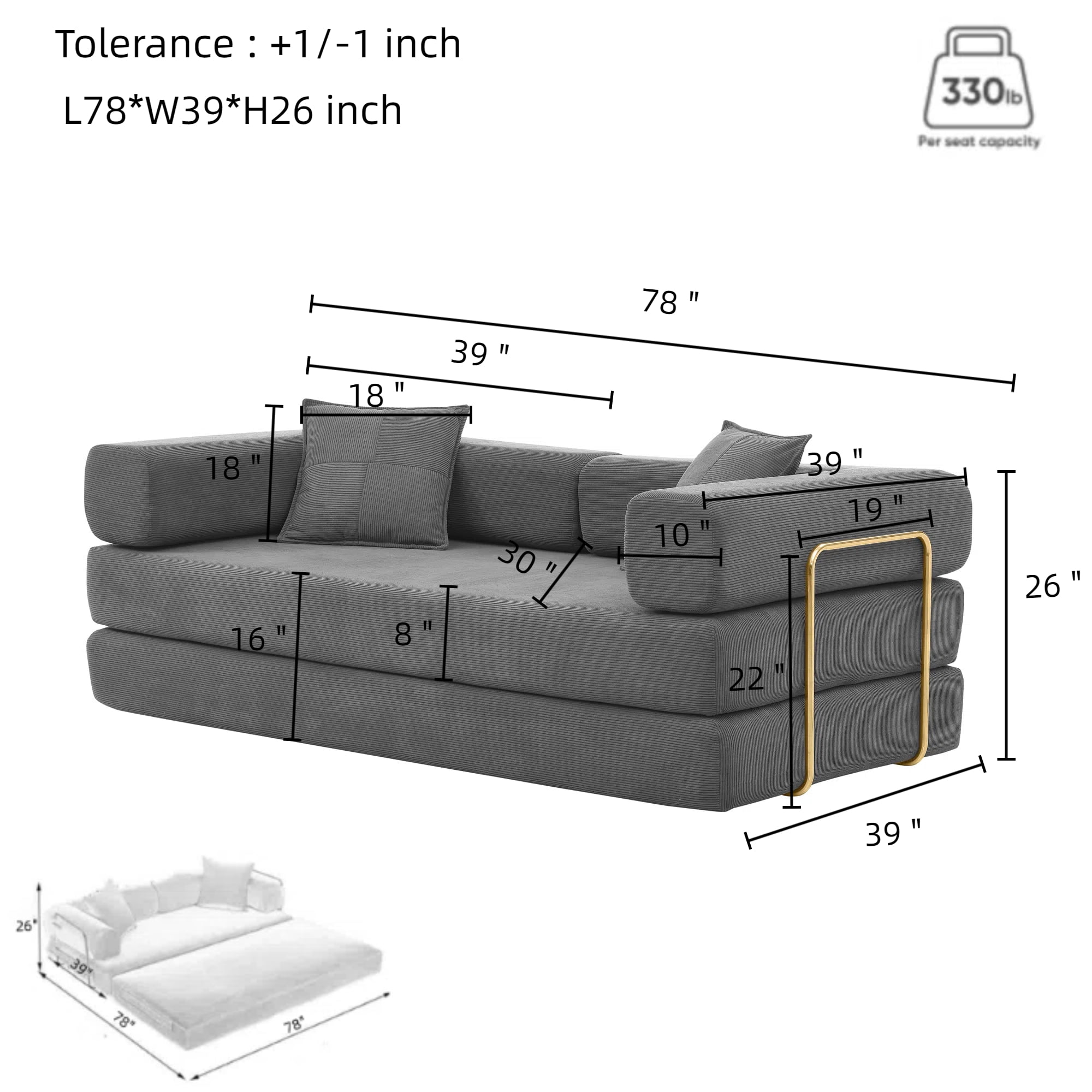 Lunale Boneless Cloud Couch, Convertible Floor Sofa Bed, Queen Size Pull Out Sleeper Sofa, No Assembly Required, Gray Corduroy