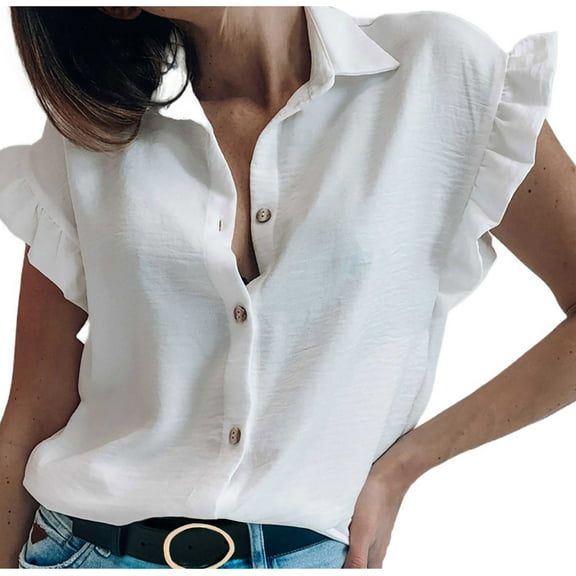 Fesfesfes Pink Shirt Women Short Ruffled Sleeve V Neck Button Up Blouse Casual Summer Tops 8(L)