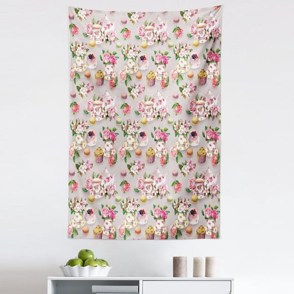 Vintage Tapestry, British Design Old Vintage Retro Image of Antique Tea Set Print, Fabric Wall Hanging Decor for Bedroom Living Room Dorm, 5 Sizes, Pale Pink Hot Pink, by Ambesonne