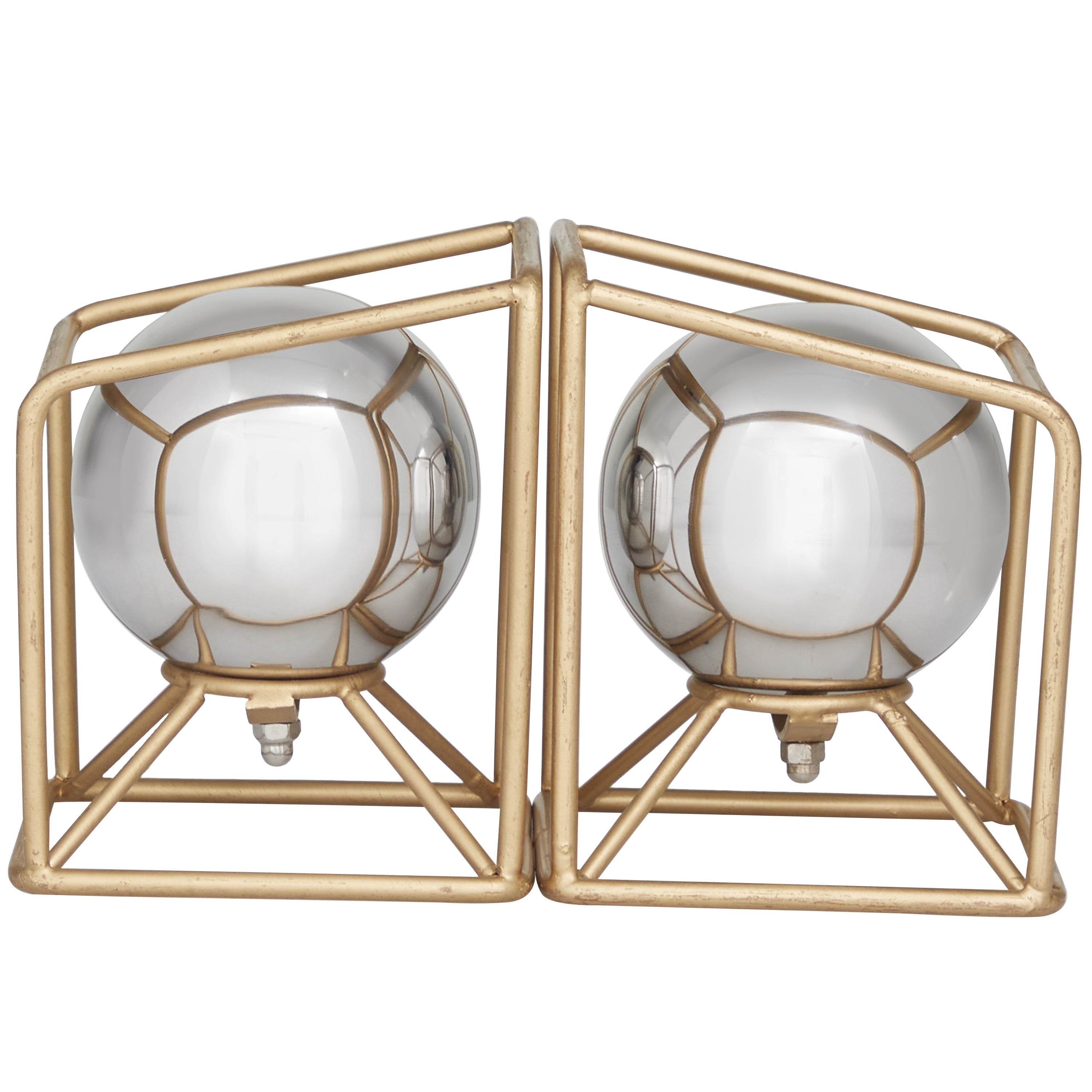 DecMode Contemporary Gold Stainless Steel Open Cube with Silver Balls Globe Bookends, Set of 2 5"W x 6"H