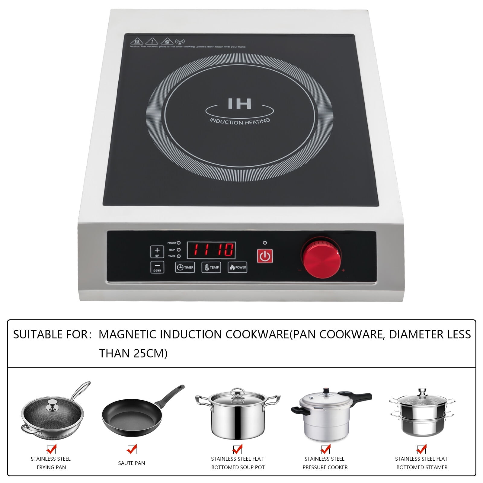 Black Stainless Steel Commercial Induction Cooktop with Adjustment Power and Powerful Electric Induction Burner W/Digital Sensor