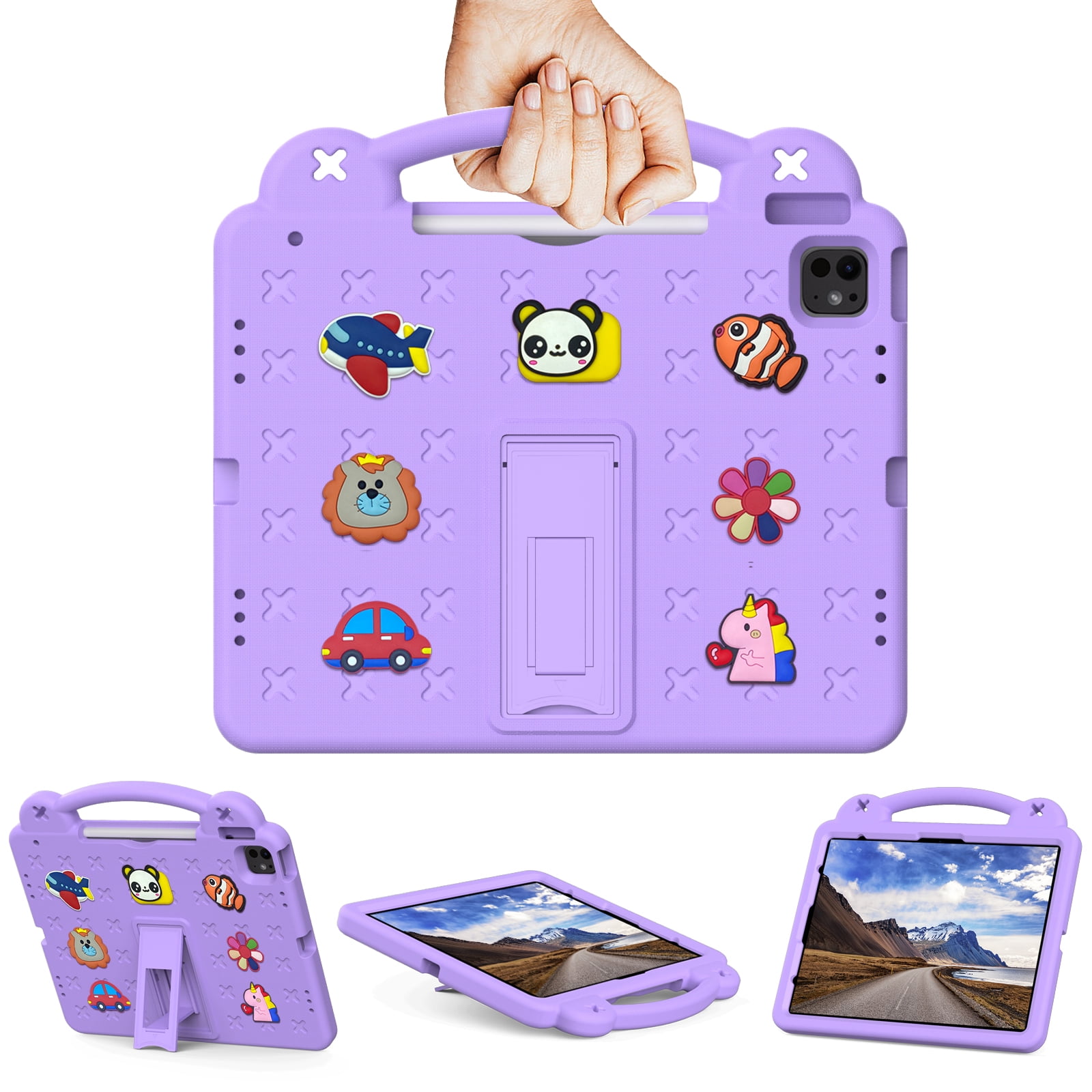 Nalacover Cartoon Handle Case for Apple iPad Air 11 inch 2024 Case, EVA Foam Cute Pattern with Pencil Holder Kickstand Cute Shockproof PC Case for iPad Pro 11 inch 2024, Lightpurple