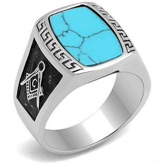 Mens Ring Round Rectanglar Turquoise 316L Stainless Steel Ring in Sea Blue with Masonic Symbol