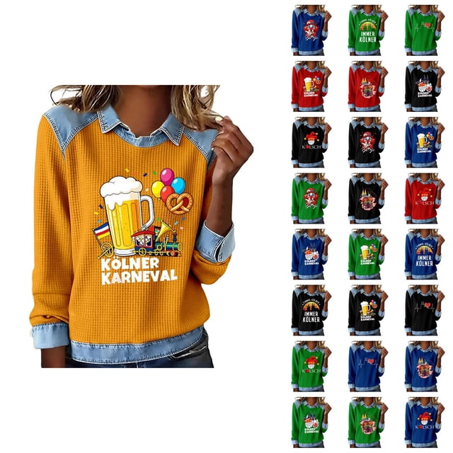 Mardi Gras Chemises à Manches Longues pour Femmes 2026 Mode Denim Patchwork Col à Revers Chandail en Molleton Graphique