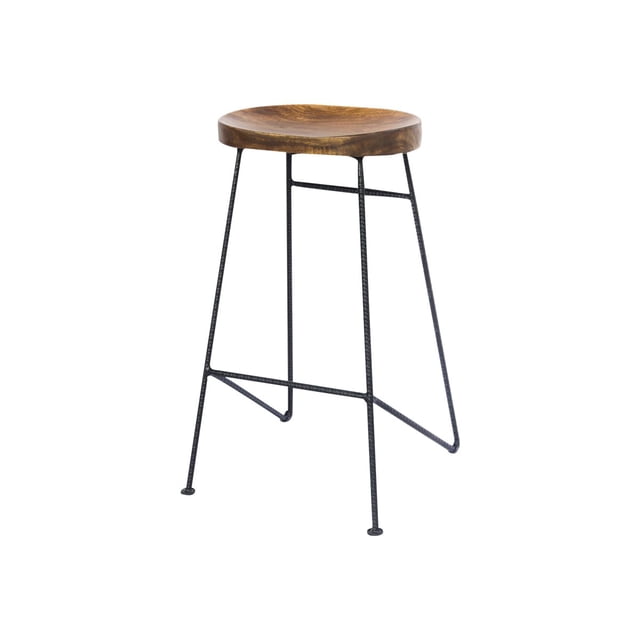 Benzara Inc Mango Wood Saddle Seat Bar Stool With Iron Rod Legs, Brown and Black