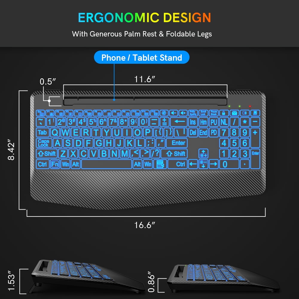 Wagpak 7 Colored Backlits Wireless Keyboard with Wrist Rest, Black, New