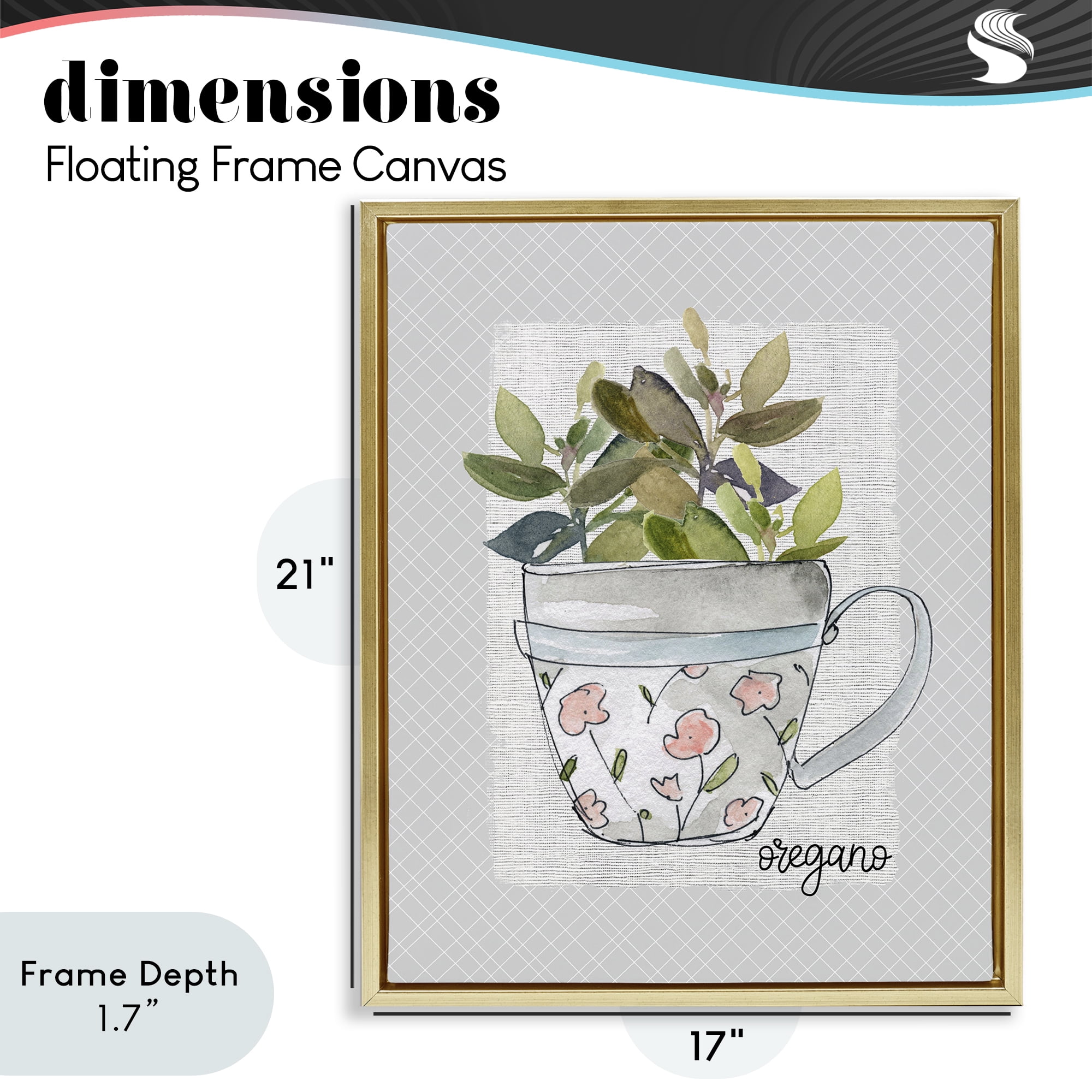 Stupell Industries Oregano Herb Mug Gold Framed Floater Canvas Wall Art, design by Livi Finn
