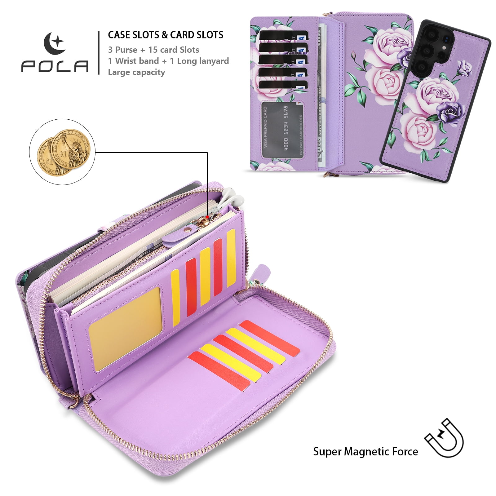 TECH CIRCLE 2-in-1 Wallet Case for Galaxy S23 (6.1", 2023), Detachable Magnetic Back Cover, PU Leather Flip Flower Phone Case with 15 Card Slots, Zipper Pocket, Wrist/Shoulder Strap, Purple