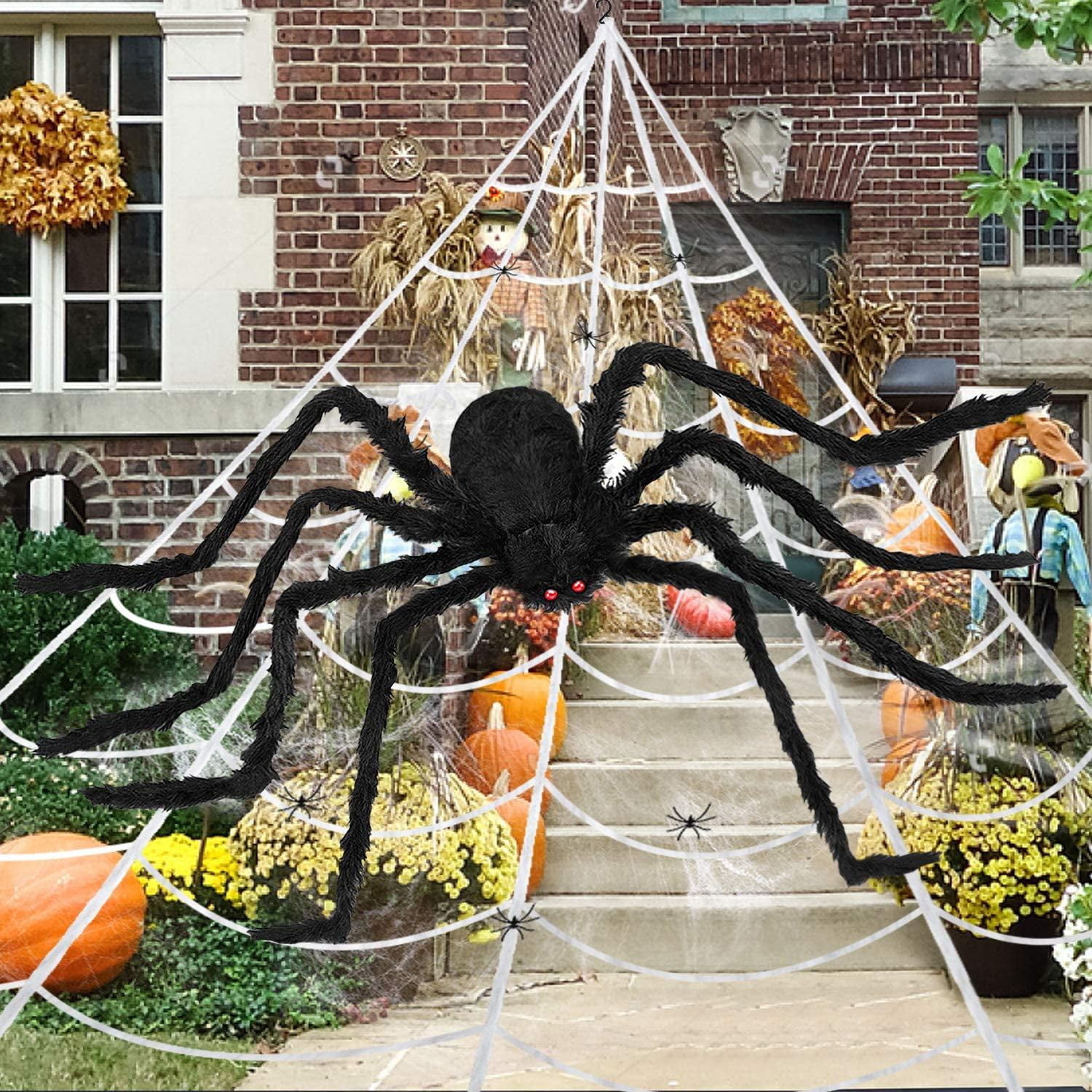 Rtudan Halloween Decoration Giant Spider Web Set with Stretch Cobweb 2 Small Fake Spiders Triangular Mega Outdoor Decor Yard Lawn Decor,23Ft