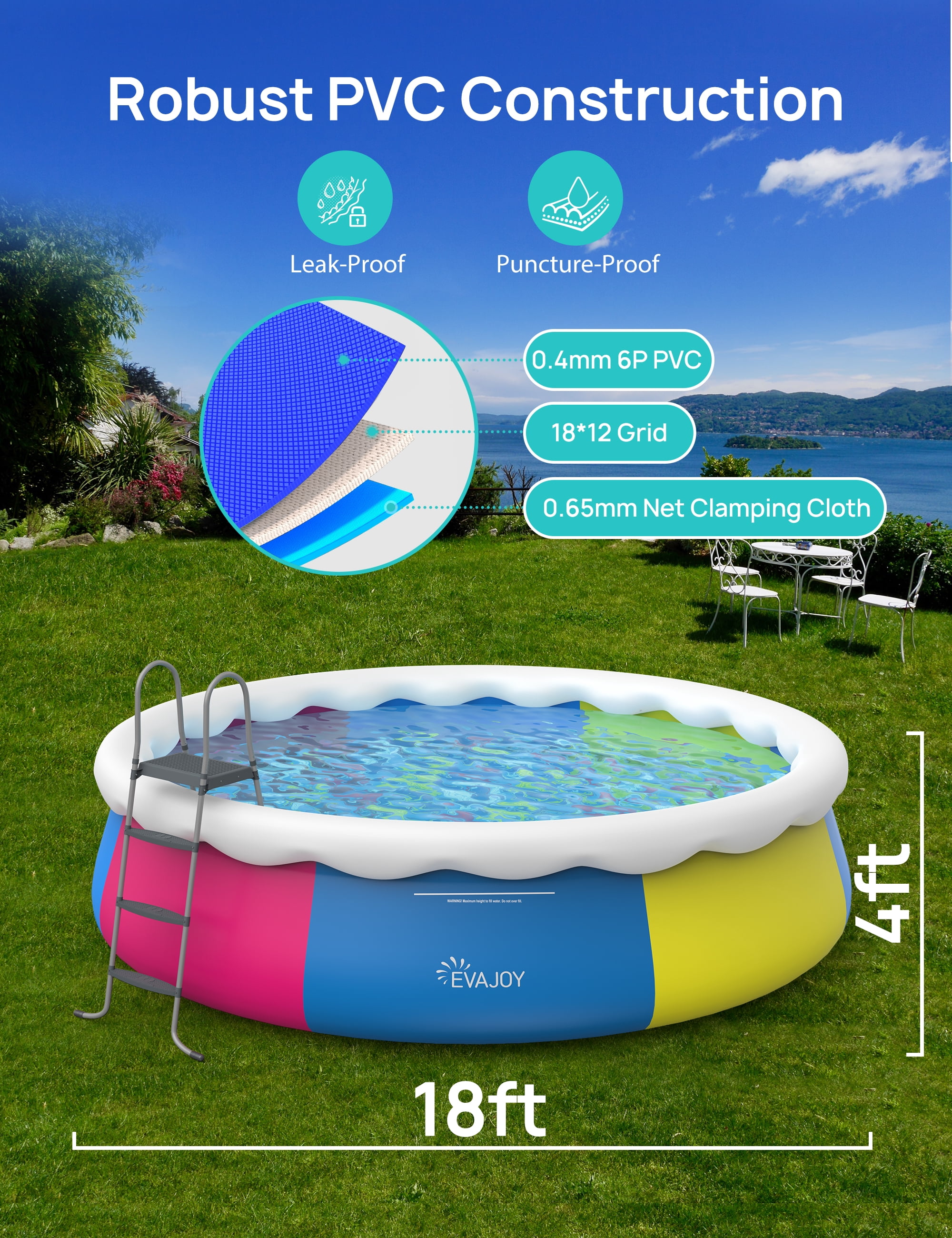 EVAJOY 18ft *48in Above Ground Pool with Filter Pump, Ladder, Ground Cloth and Cover, Easy Setup Inflatable Top Ring Swimming Pool for Adults Backyard Garden Party