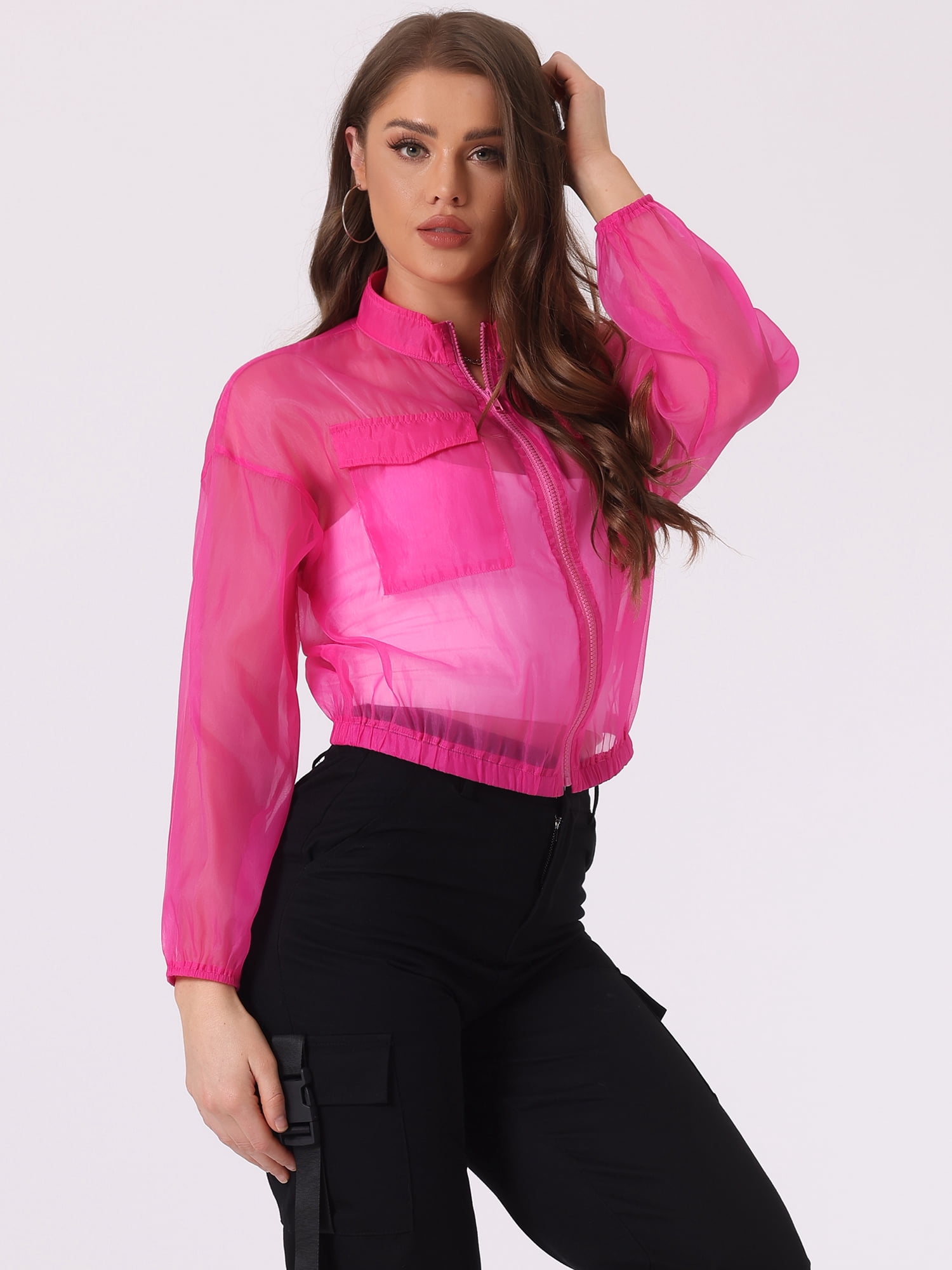 DARING DIVA Women's Sheer Bomber Jacket Zip Up Long Sleeve See Through Jackets XS Hot Pink