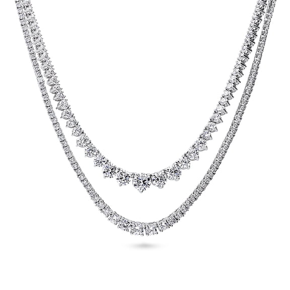 BERRICLE Sterling Silver Graduated Round Cut Cubic Zirconia CZ Statement Tennis Necklace for Women, Rhodium Plated, 2 Piece