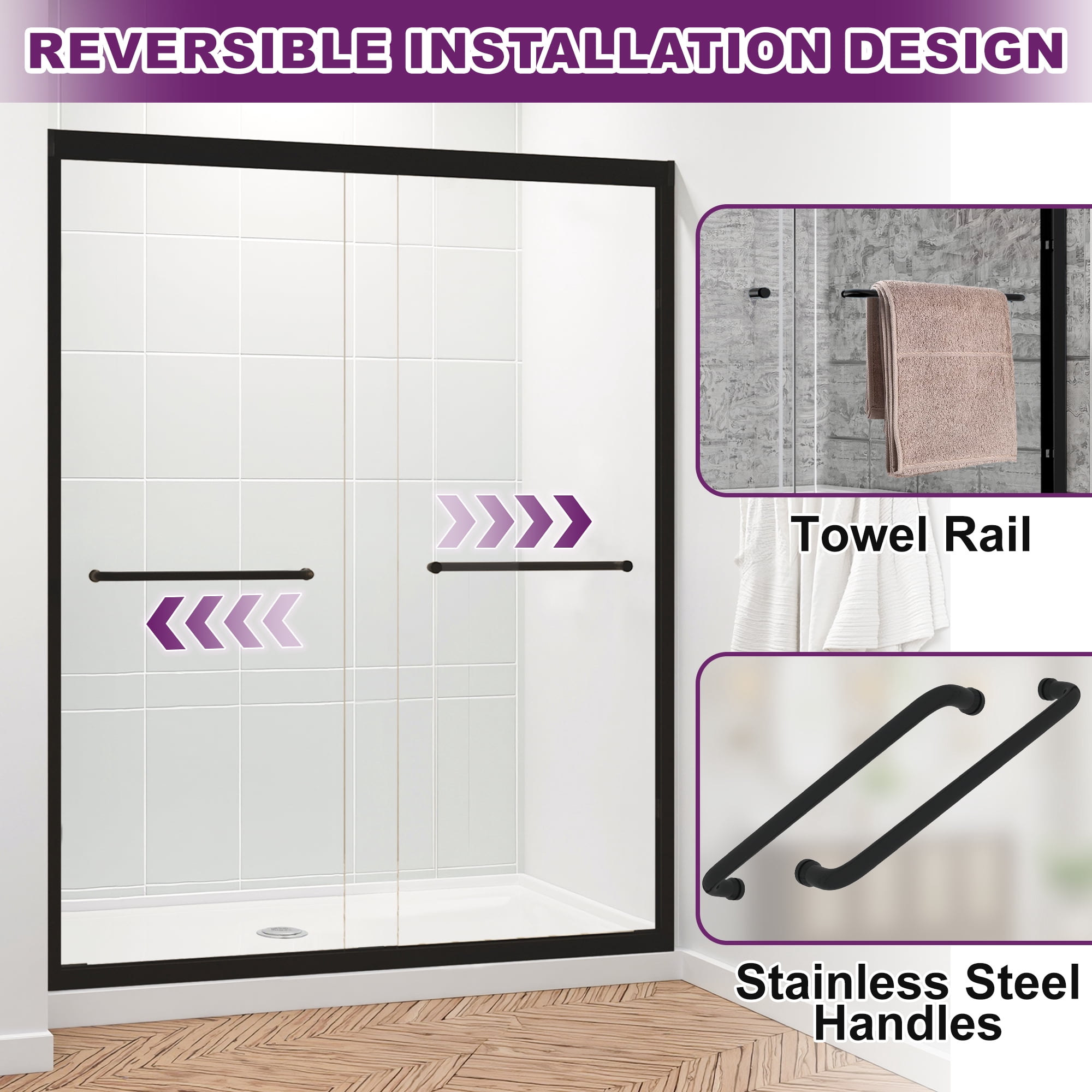 MAYEERTY 60x72in Sliding Shower Door, Aluminum Tempered Glass Shower Door, Shower Door with Anti-Water Seal, Matte Black