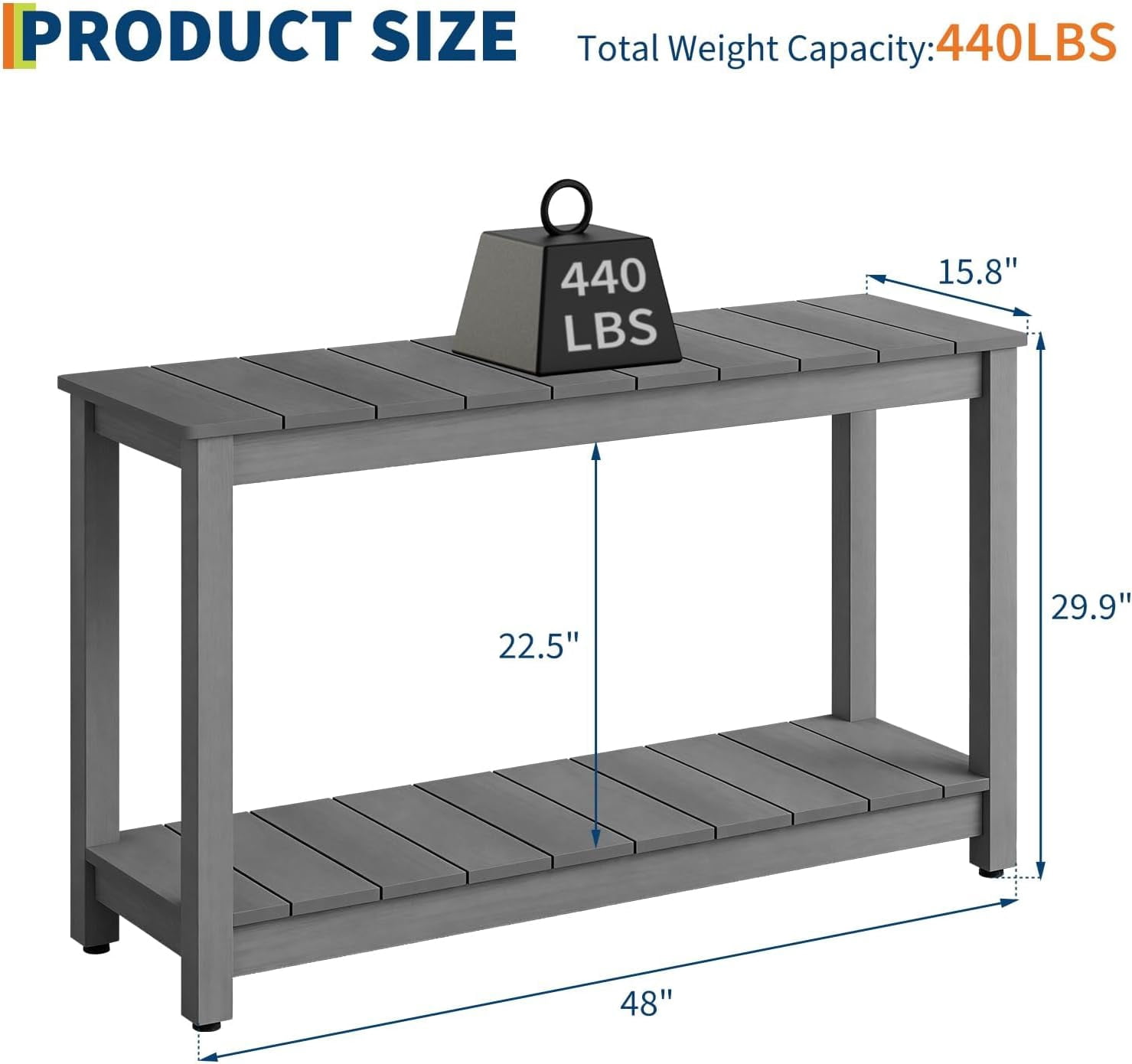 Senfot 48 Inch 2-Shelf Console Table, Indoor Outdoor Wooden Storage Entryway Side Table Gray