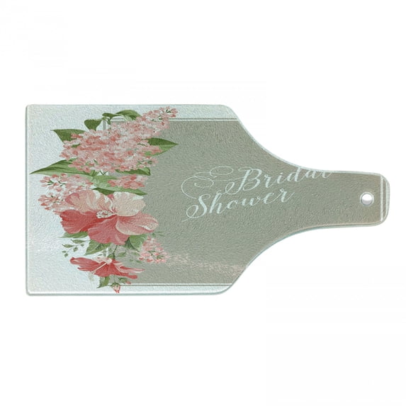Bridal Shower Cutting Board, Lilacs Orchids with Leaves Corner Frame Bride Floral Arrangement, Tempered Glass Cutting and Serving Board, Wine Bottle Shape, Salmon Green and Beige, by Ambesonne