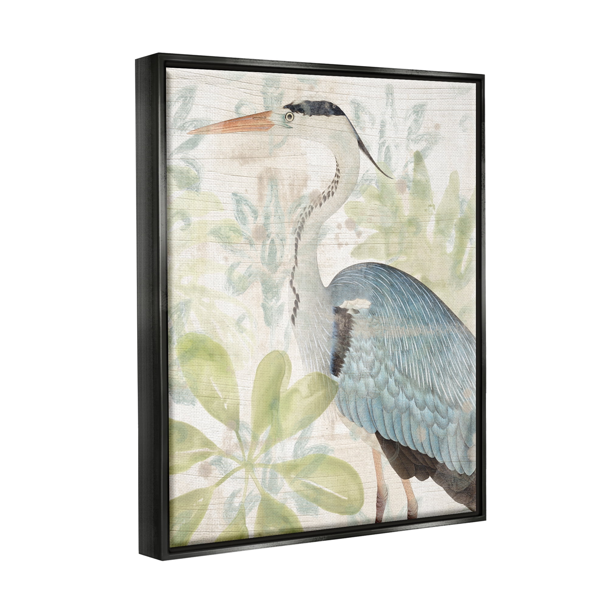 Stupell Industries Heron & Tropical Plants Animals & Insects Painting Black Floater Framed Canvas Art Print Wall Art, 25 x 31