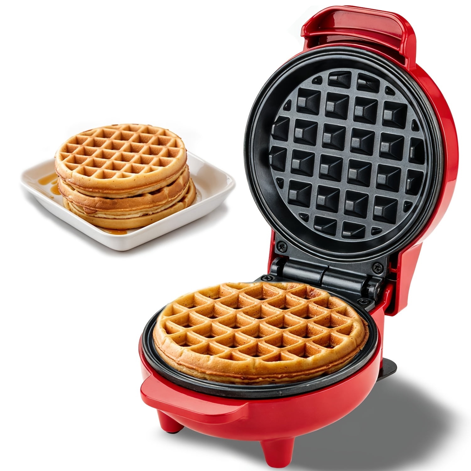 Mini Waffle Maker, 4.5" Non-Stick Griddle, 550W Fast Cooking Under 4 Mins, Perfect for Breakfast Brunch Lunch Snacks, Red