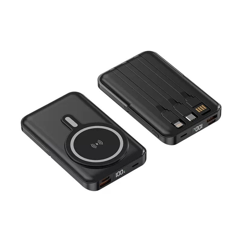 Portable 10000mAh Magnetic Wireless Power Bank – MagSafe Compatible with iPhone 17/16/15/14/13 Series – 15W Fast Charging, Built-In 3 Cables, Kickstand, Compact Travel Charger – Black