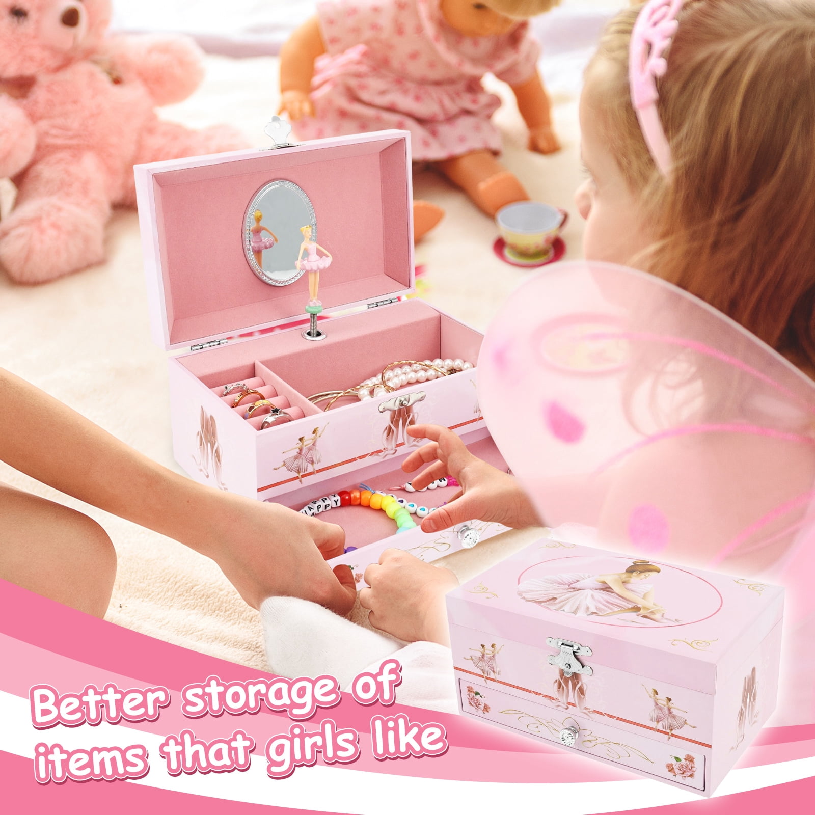 Classical Ballerina Musical Jewelry Box with Drawer and Dancing Ballerina,Girls Gifts for Kids Jewel Storage, Girls Music Box for Kids Ages 3-12 Gift