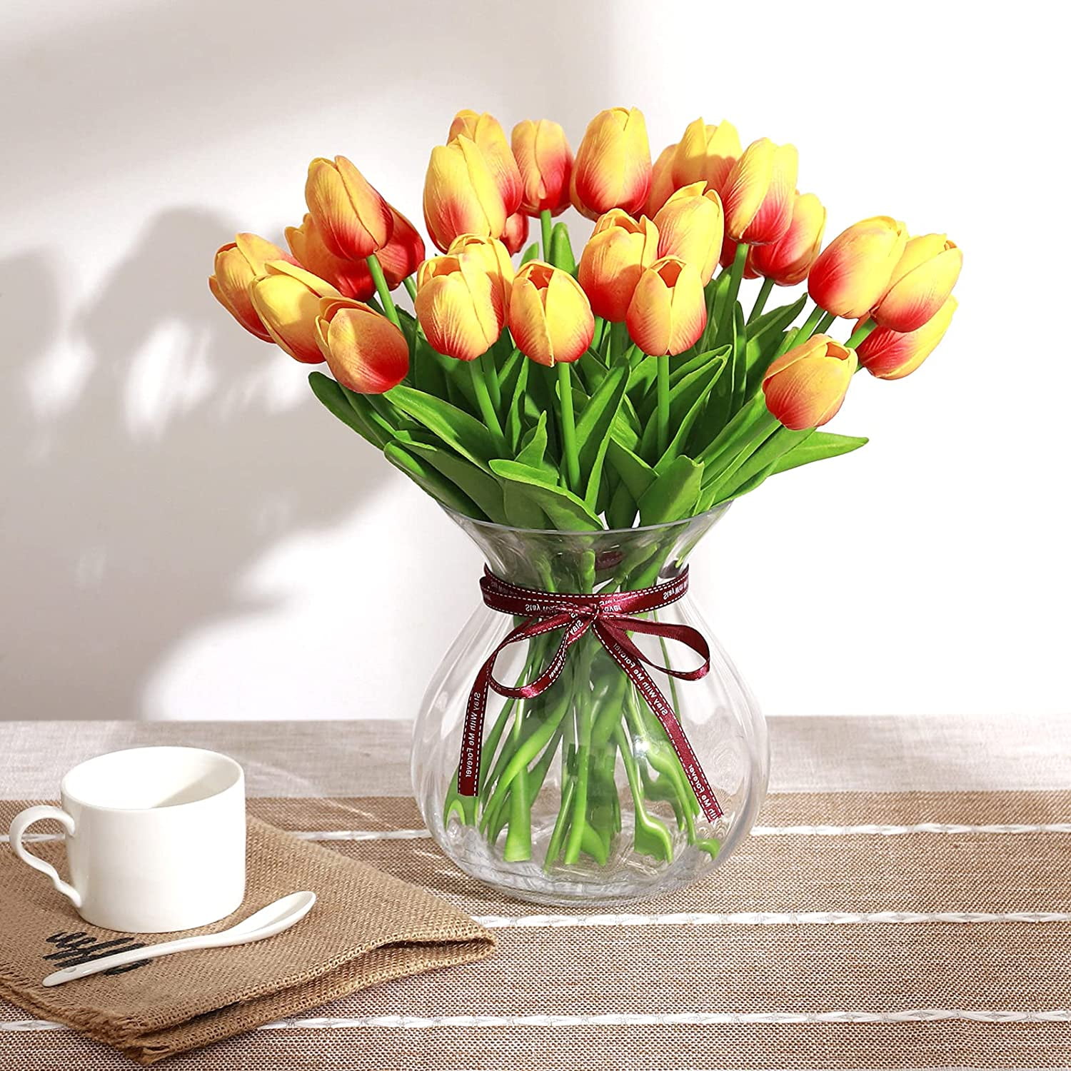 White Artificial Flowers 20 Pcs Faux Tulips PU Real Touch Fake Flowers for Home Office Wedding Decor Arrangement Bouquet Faux Flowers for Decoration
