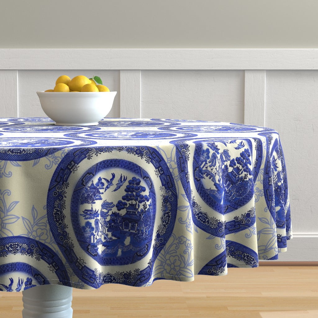 Cotton Sateen Tablecloth, 90" Round Blue Willow Vintage Table China