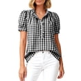 thumbnail image 2 of Womens Tank Tops Women's Ruffled Blouse Puff Sleeve V Neck Button Front Plaid Shirt, 2 of 6