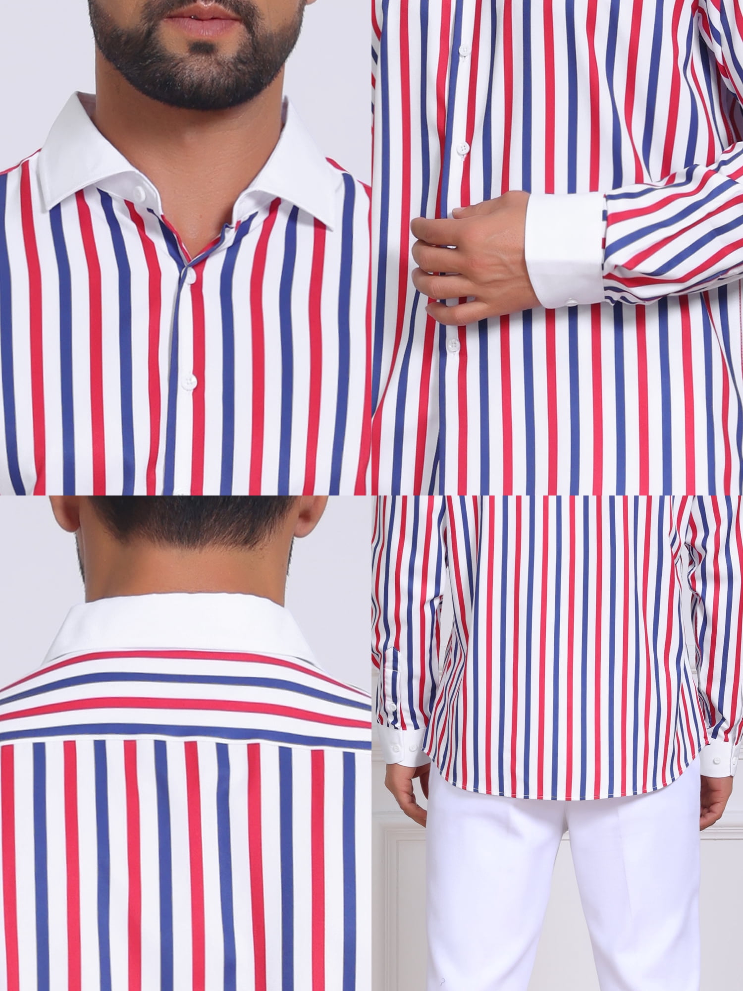 DARING DIVA Men's Striped Button Down Long Sleeve Stretch Shirts M Red Blue