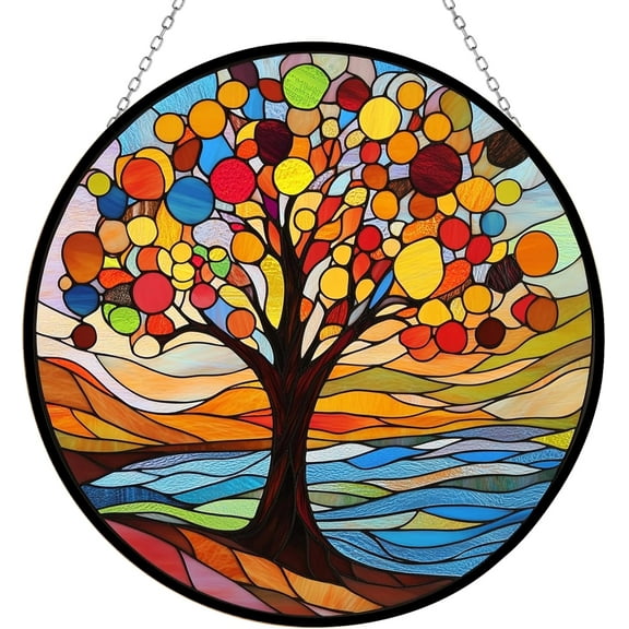 Abstract Autumn Tree Suncatcher Stained Glass Window Hanging Handmade Stained Glass Suncatchers Metal Chain Outdoor Garden Decor Gift for Women Christmas Thanksgiving
