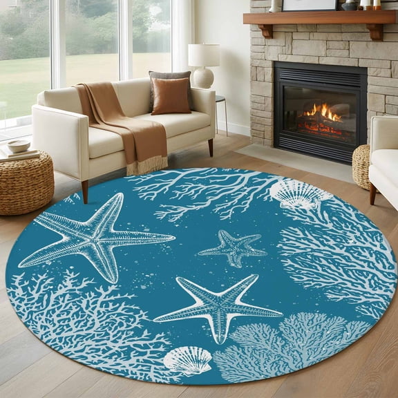 Blue Coastal Round Area Rug 6Ft Washable Circle Rugs for Bathroom Office, Starfish Coral Summer Beach Ocean Non-Slip Carpet Floor Mats Indoor Outdoor Carpet Runner Aesthetic Home Decor