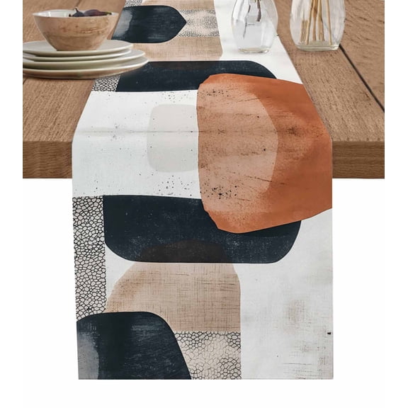 Black Brown Abstract Art Table Runner 70 Inches, Modern Geometric Luxury Bed Runner Dresser Scarves Tabletop for Indoor Outdoor Parties/Ceremony/Banquet, 13" x 70"