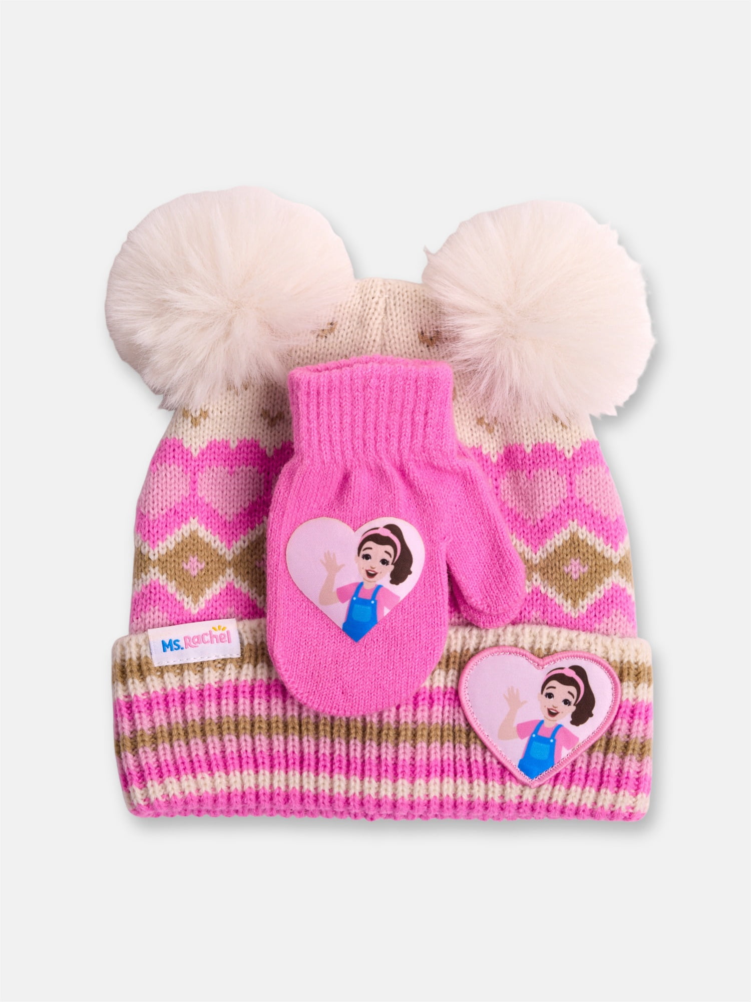 Ms. Rachel Toddler Unisex Ribbed Knit Pom Beanie and Gloves Set, 2 Piece