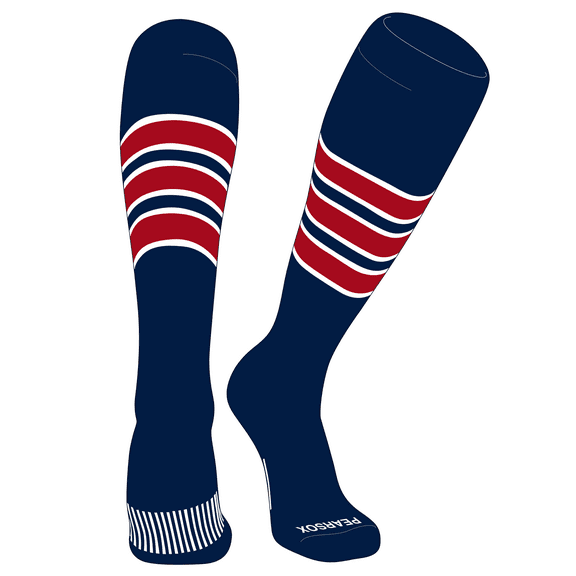 PEAR SOX Striped OTC Baseball, Softball, Football Socks (C) Navy, White, Red (XS)