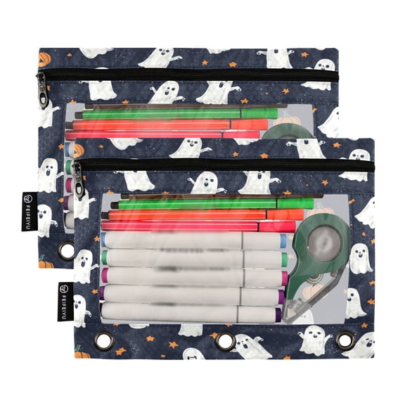 Ckdifva Stars and Ghosts Pencil Pouch 3 Ring Zipper Pencil Case Binder Pockets Clear Top Cosmetic Bag 2 Pack